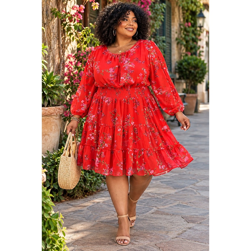 Cece Womans 3X Dress Floral Smocked Waist Red Lined Long Split Sleeve Button